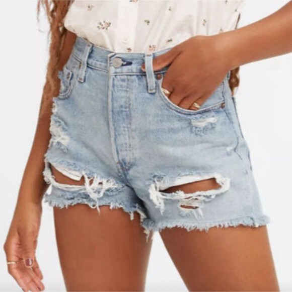 NWT Levi’s 501 Original High Rise Cotton Blue Denim Distressed Jean Shorts 25 - Picture 4 of 15